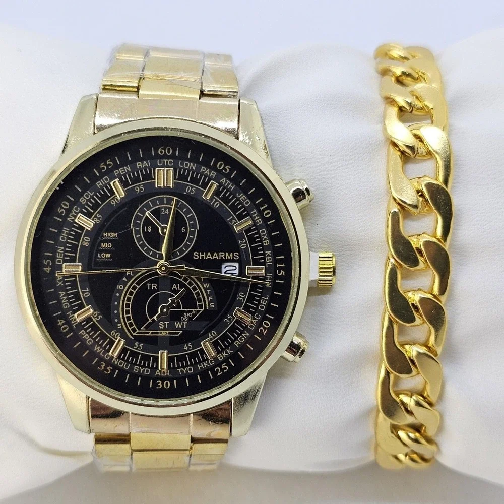 Men's 2PC‎ Watch Bracelet Set 41MM Black Dial Date Gold Bracelet Band 7